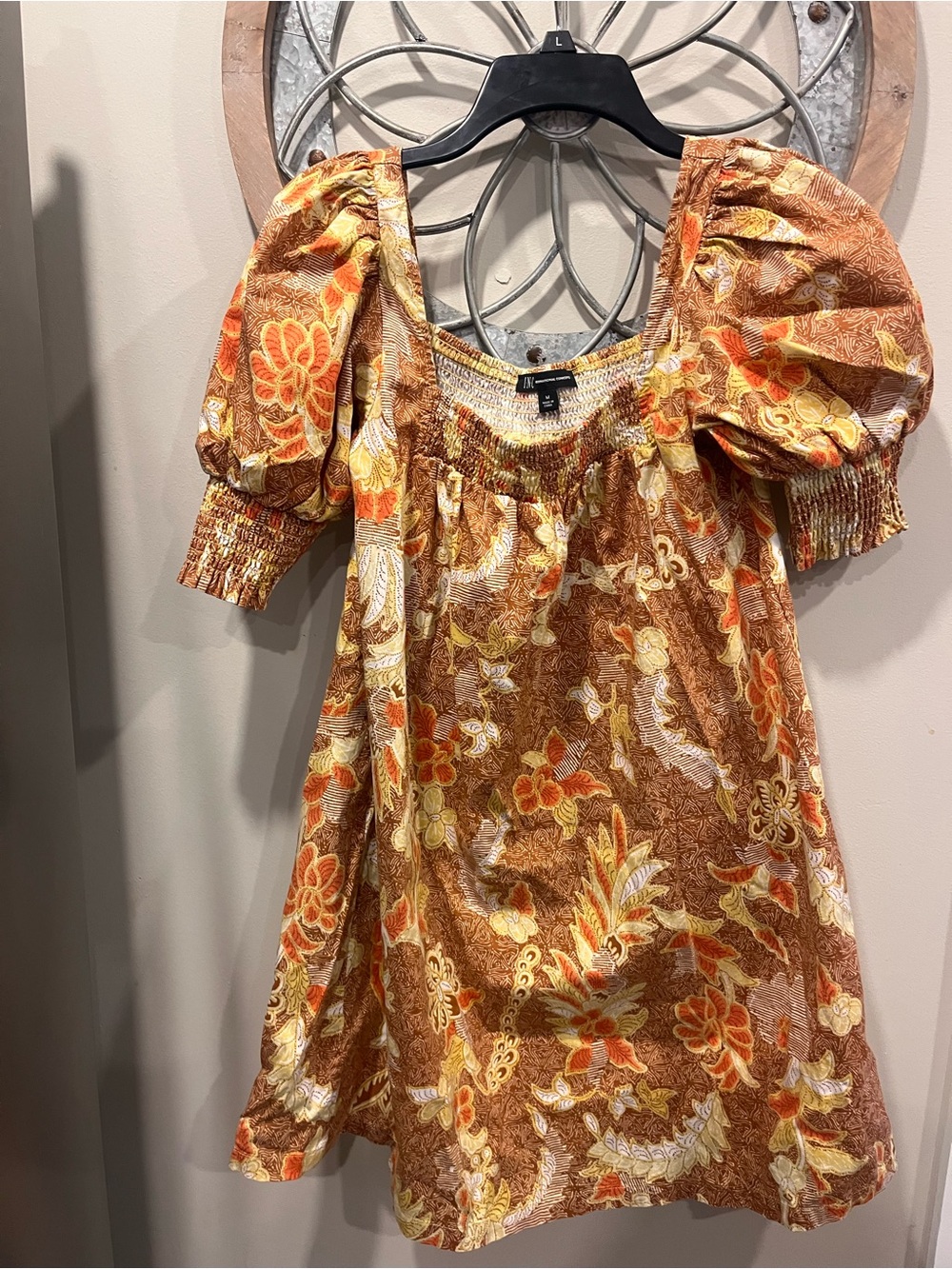 INC Floral Puff Sleeve Mini Dress in Rust Orange and Cream